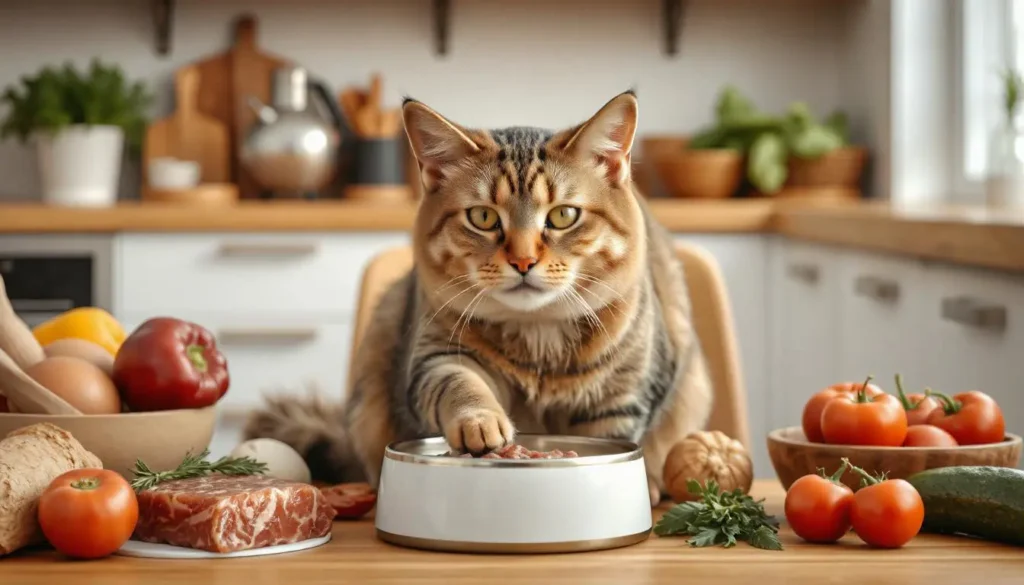 Cat looking up at a bowl of fresh raw cat food on a clean kitchen countertop with organized storage containers