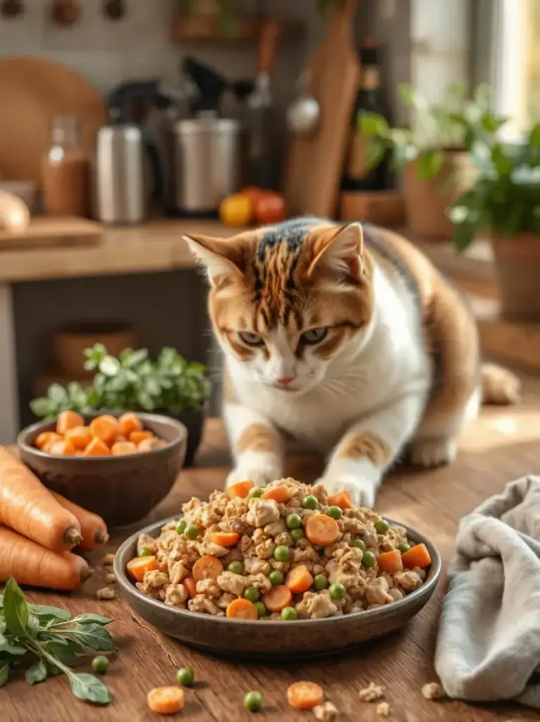 A fresh and nutritious homemade cat food meal with chicken, vegetables, and herbs.