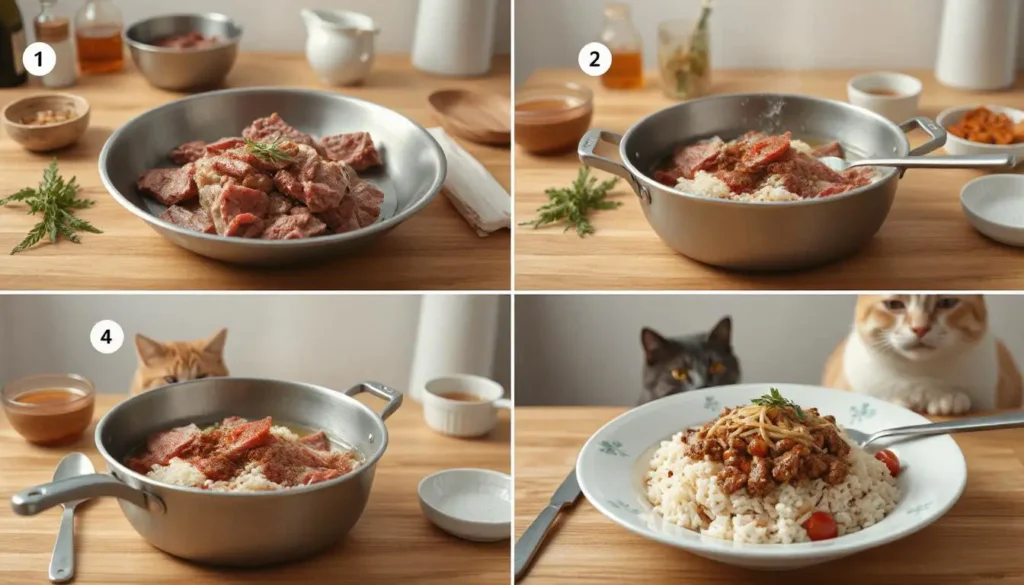 Steps for making a boiled beef recipe for cats, from preparation to serving.