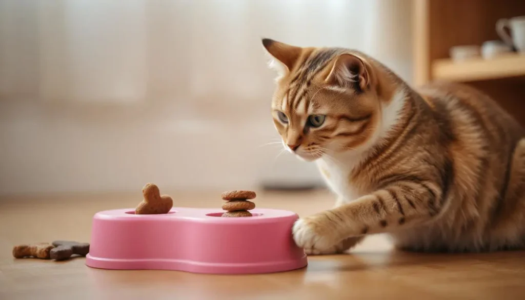 A playful cat interacting with a treat-dispensing puzzle toy, reaching with its paw to retrieve a small chewy treat. The toy is colorful and placed on a carpeted floor.