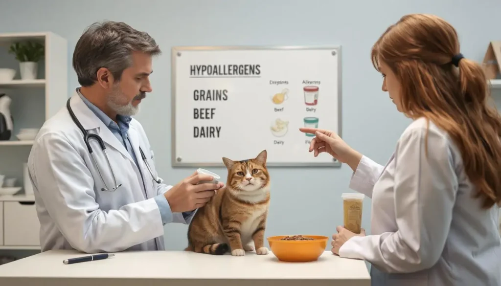 A vet explaining common allergens to a cat owner holding hypoallergenic cat food.