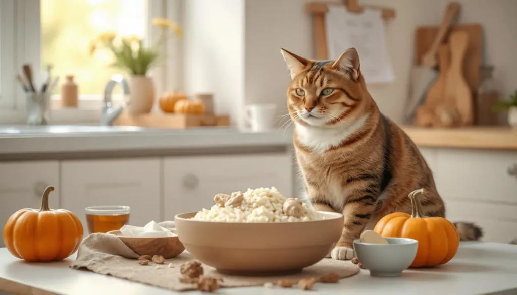 A happy cat sitting next to a bowl of rice and chicken, surrounded by natural remedies like pumpkin and probiotics, in a cozy kitchen setting.