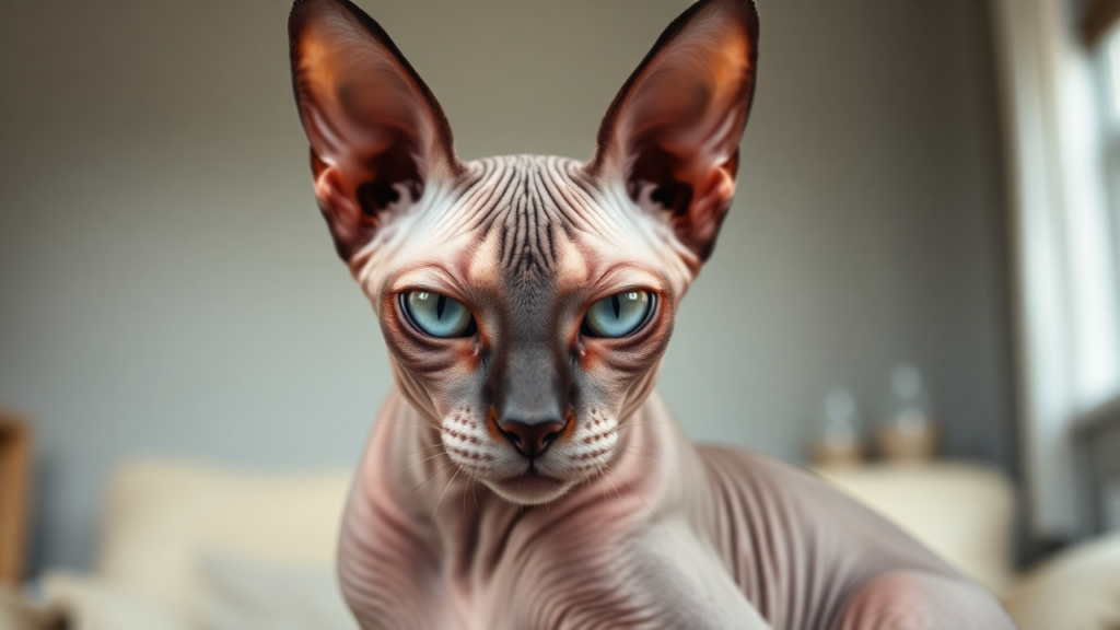 A close-up of a Sphynx cat’s wrinkled skin, large ears, and muscular build, showcasing its distinctive physical traits.