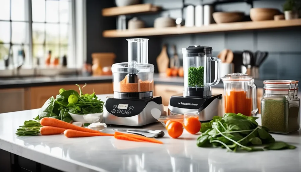 Essential tools and ingredients for a homemade cat food recipe, including chicken, vegetables, and supplements arranged on a kitchen counter.