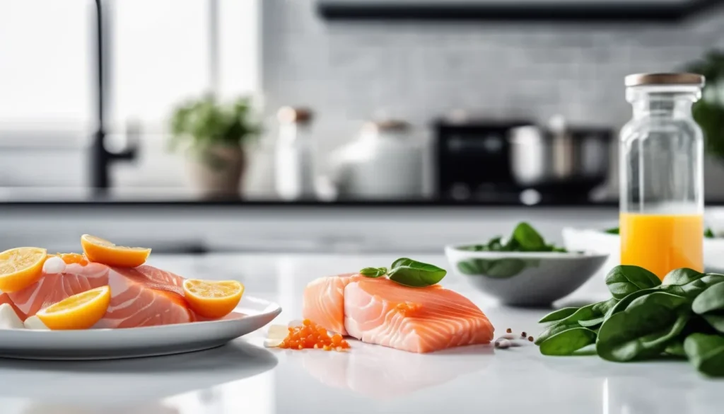 An assortment of cat food ingredients, including raw chicken, salmon, eggs, spinach, and taurine supplements, neatly arranged on a clean kitchen surface.