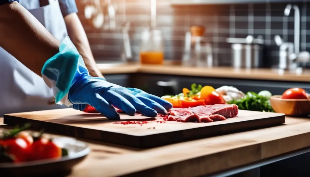 A person wearing gloves, preparing cat food on a clean cutting board with a thermometer and sanitized kitchen tools.