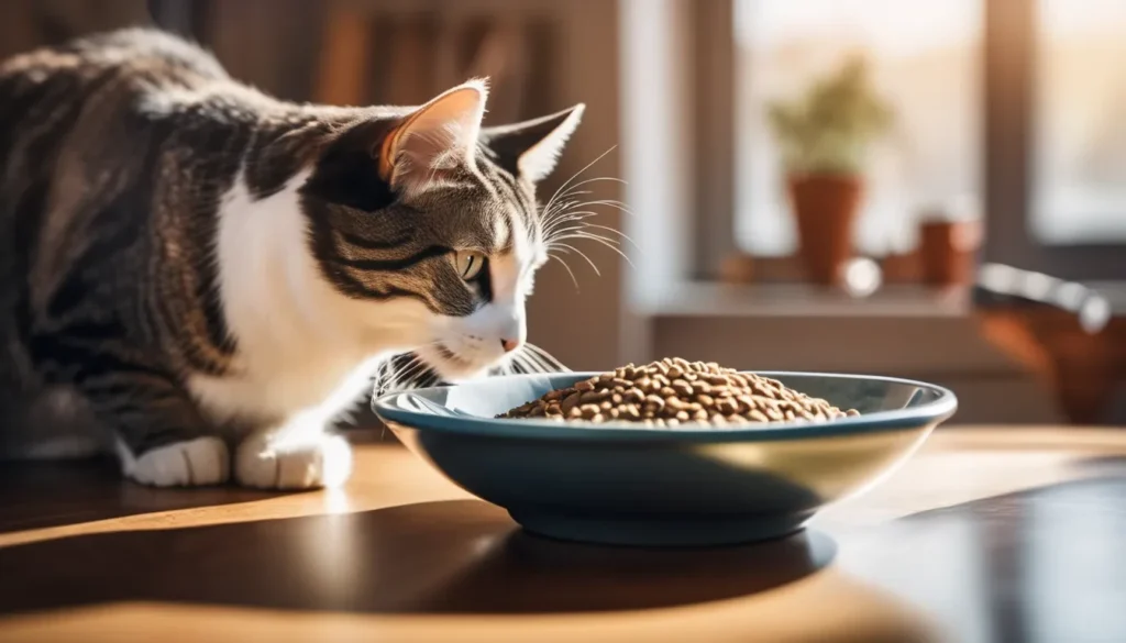 A cat sniffing a bowl of homemade food mixed with regular kibble, with a smiling owner watching in a cozy living room.