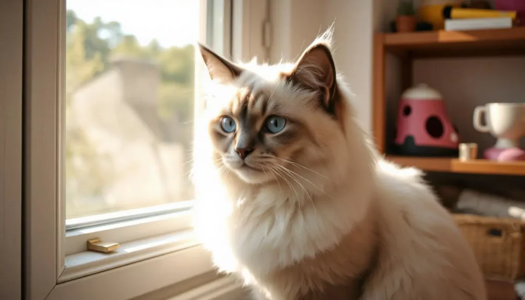 Ragdoll cat near a sunlit window, showcasing its soft fur and stunning blue eyes, ideal for anyone considering Ragdoll cats for adoption.