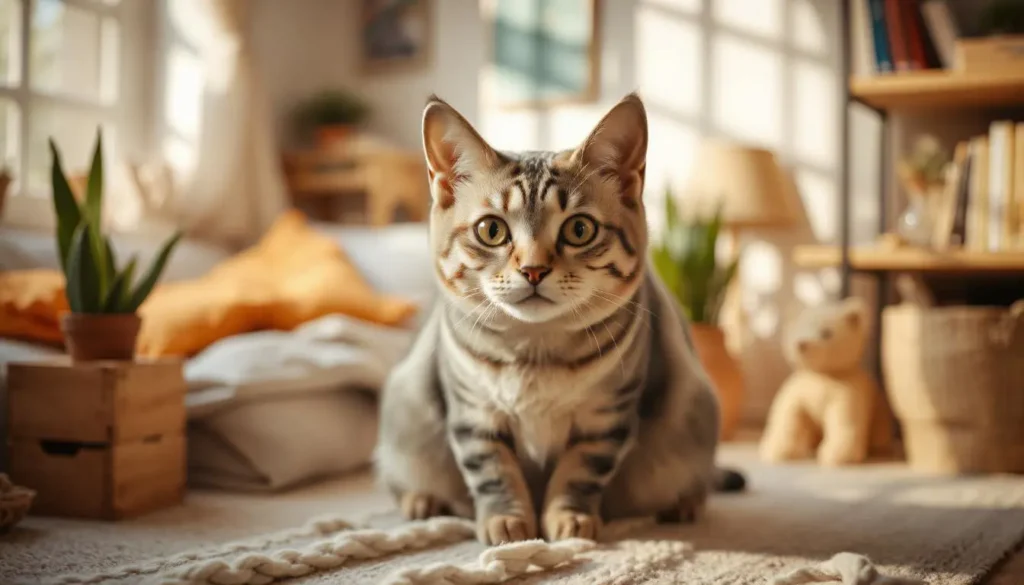 Scottish Fold cat with folded ears sitting in a cozy home.