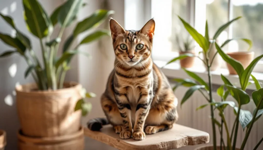 An elegant Abyssinian cat with a distinctive ticked coat sitting on a wooden perch surrounded by indoor plants.