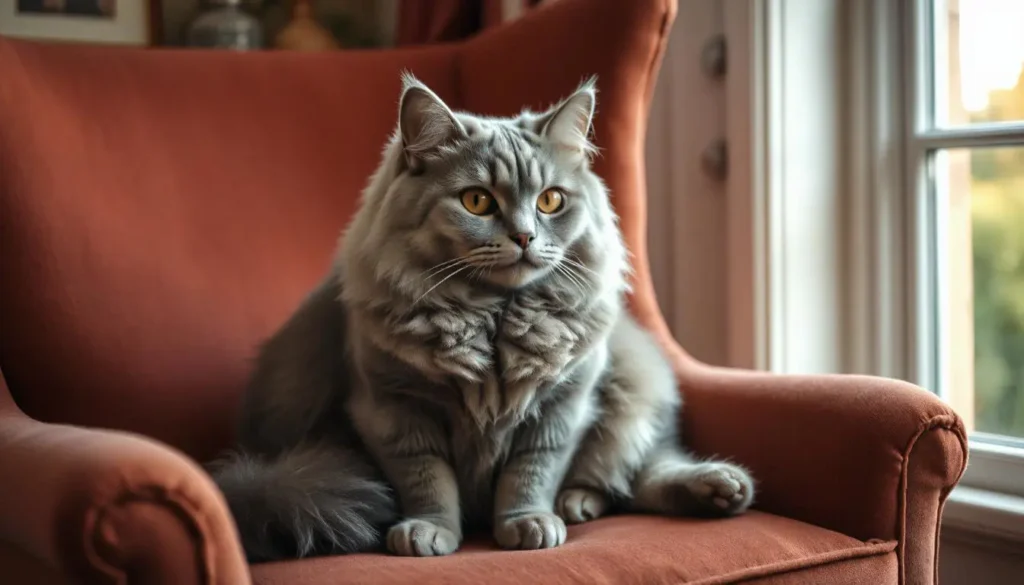 Majestic British Shorthair cat with plush blue-gray coat sitting regally on a velvet armchair by a window, bathed in natural light.