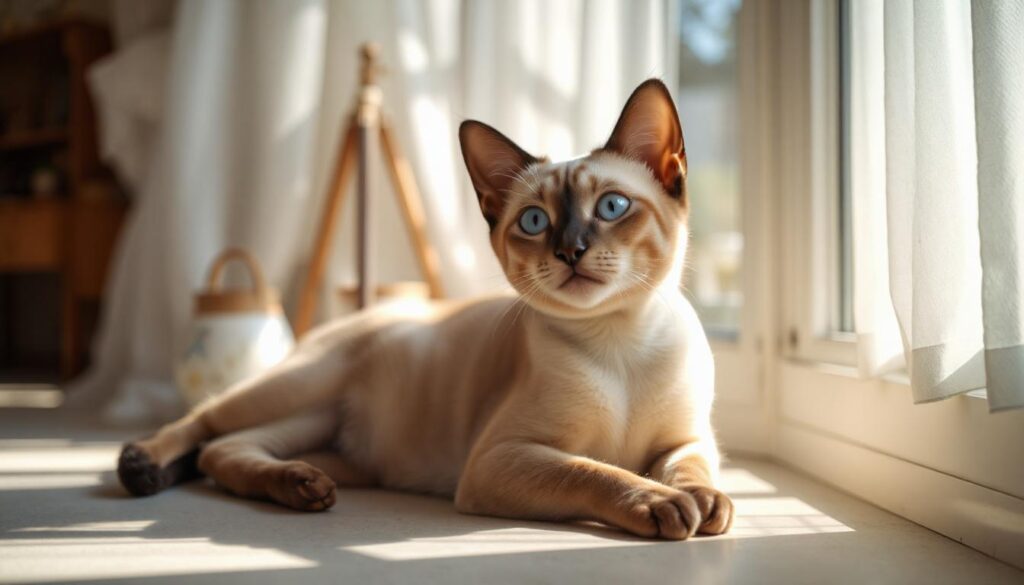 Siamese cat with blue eyes relaxing in sunlight, showcasing its sleek body and unique coat pattern.