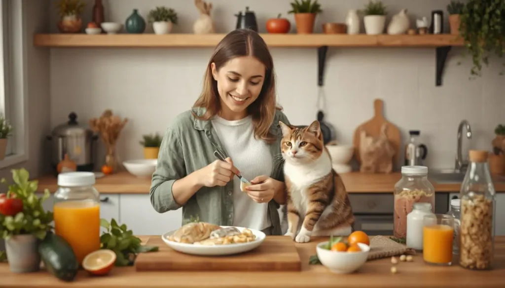 A pet owner in a cozy kitchen preparing a homemade meal for their cat, with fresh ingredients like chicken, vegetables, and supplements displayed on the counter.