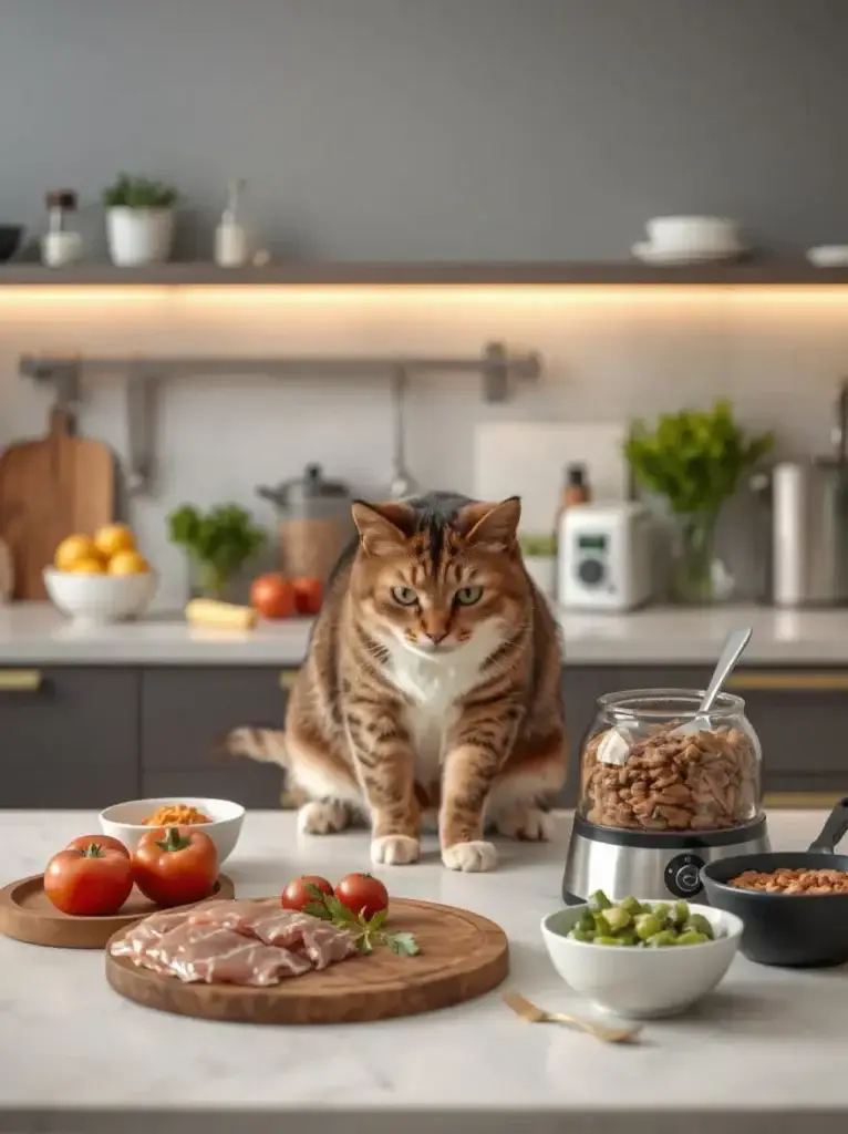 Fresh raw cat food ingredients like salmon, chicken, and vegetables for a balanced diet.