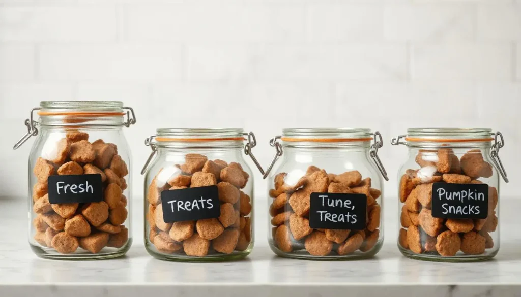 Airtight containers storing homemade cat treats with labels for freshness.