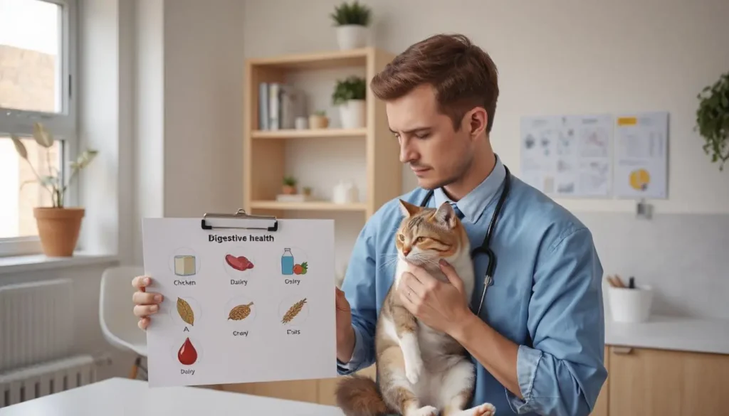 A veterinarian holding a cat and pointing to a chart with digestive health details in a bright clinic.