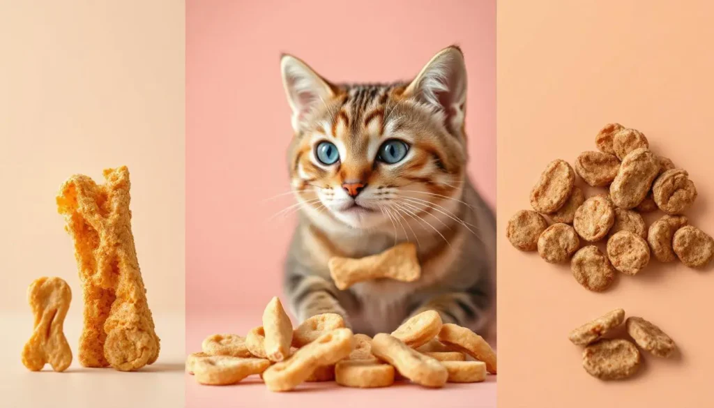 A Bengal cat with striking blue eyes surrounded by various types of treats, including crunchy sticks, bite-sized nuggets, and crispy snacks, emphasizing the importance of treat variety for cats.