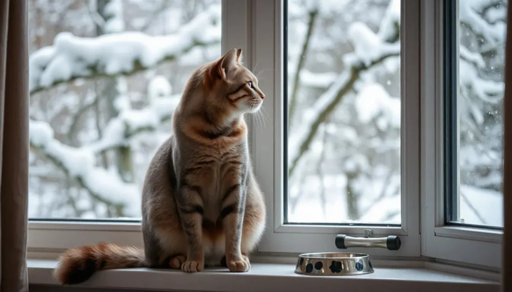 A cat with a shiny coat sitting by a snowy window, looking outside, with a water bowl nearby in a cozy indoor setting.