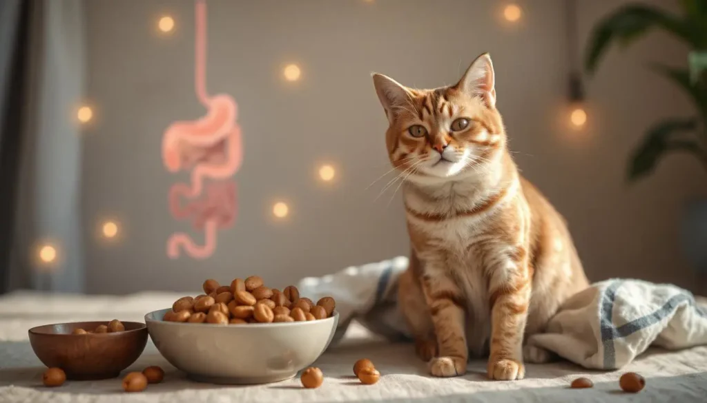 A healthy cat with a shiny coat sitting beside a bowl of high-quality food, with glowing visuals highlighting its digestive health.