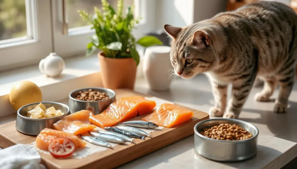 Fresh fish fillets, including salmon, sardines, and mackerel, arranged next to bowls of raw cat food, illustrating the importance of fish in cat food recipes with fish for a healthy feline diet.