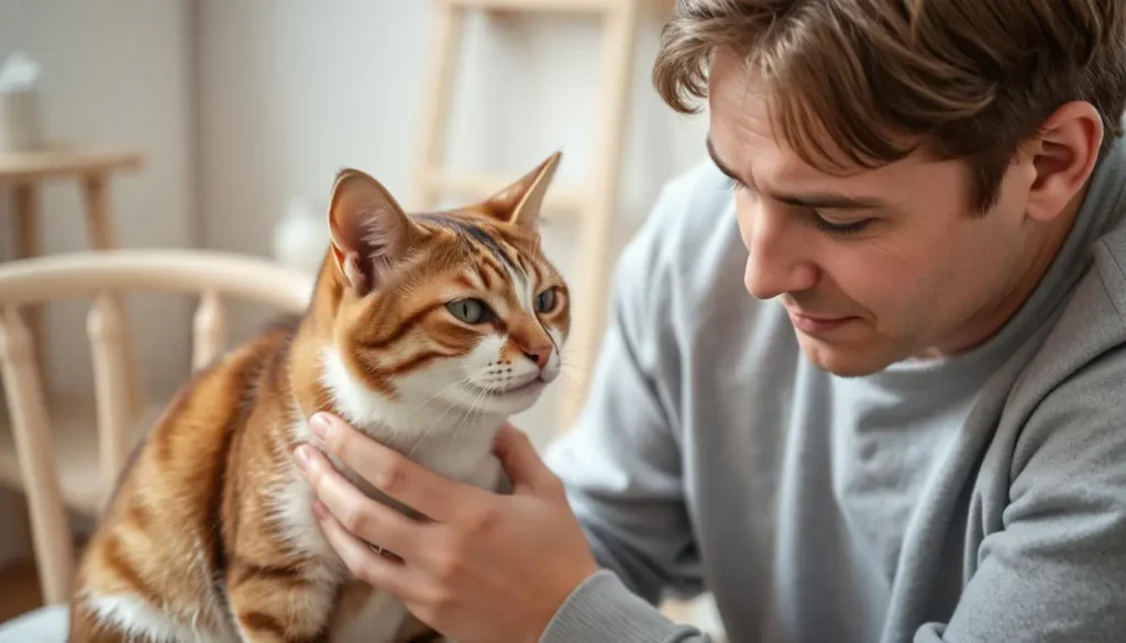 A concerned cat owner gently holding their cat, looking at it with care. The cat appears uncomfortable, symbolizing digestive issues.