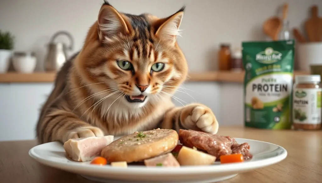 A cat eating a protein-rich meal with chicken and beef on a plate.