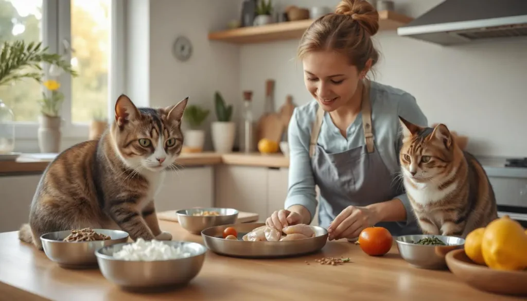 Pet parent preparing fresh ingredients for DIY cat food in a cozy kitchen.