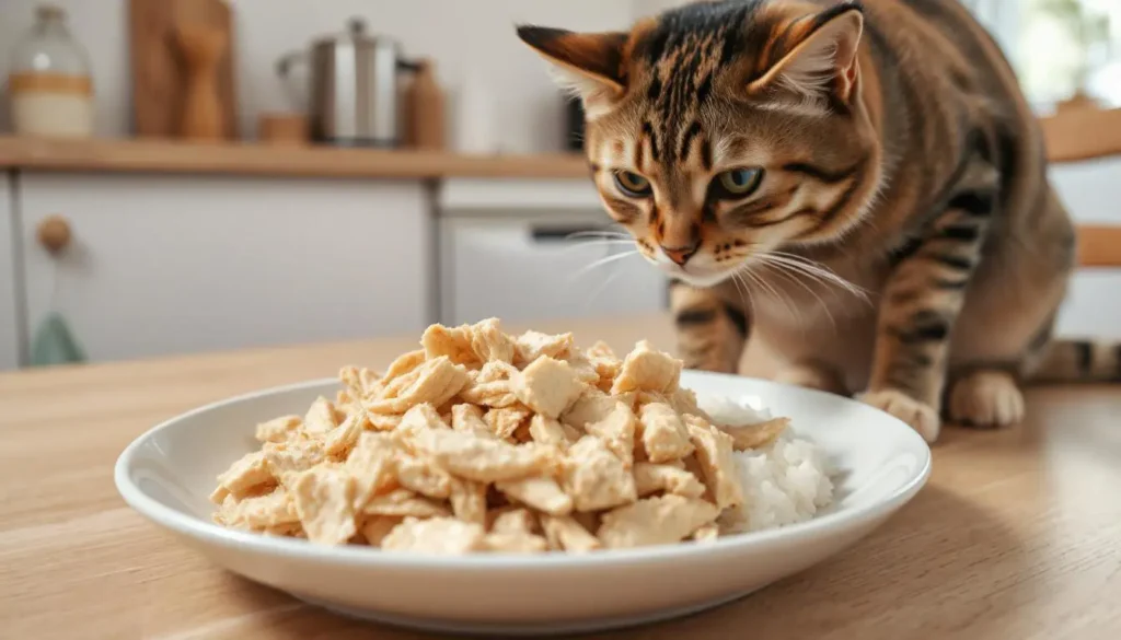 A simple plate of boiled chicken and rice prepared for a cat's bland diet.