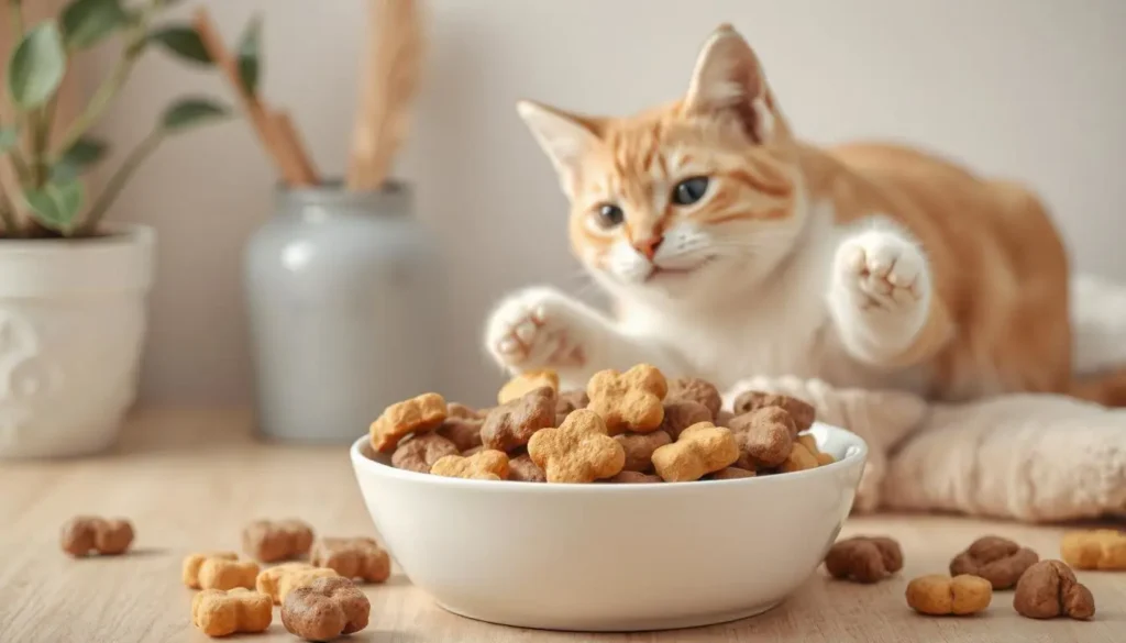 Various freeze dried cat treats in different flavors displayed in a bowl with a playful cat in the background.