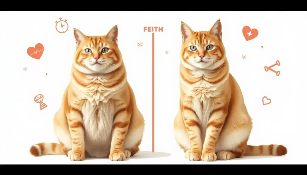 Side-by-side comparison of an overweight cat and a fit cat, with icons representing weight-related health issues.