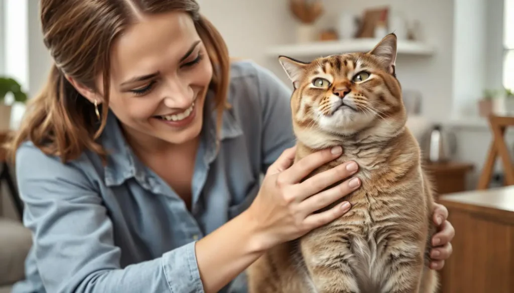 A happy cat owner gently petting their well-groomed cat, showcasing a healthy, shiny coat.