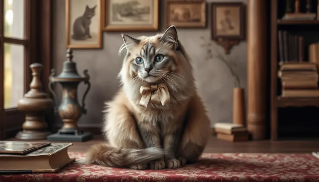 A Balinese cat sitting gracefully in a vintage home setting, showcasing its Siamese origins.