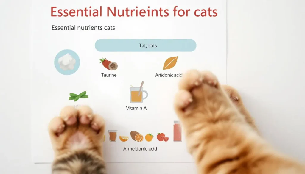 Close-up of a nutrient chart with taurine, arachidonic acid, and vitamin A, and a cat paw reaching toward it.