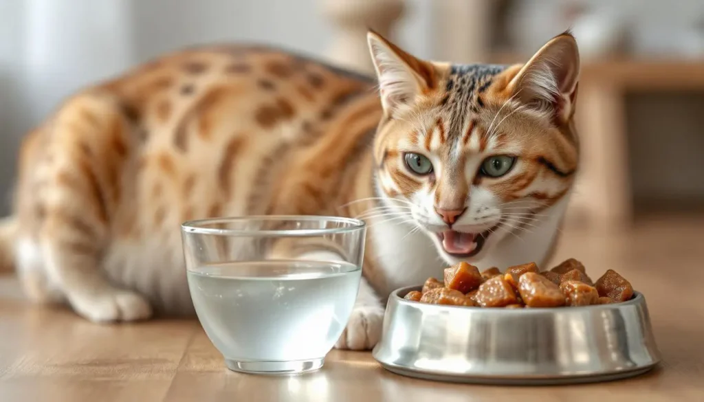 A hydrated cat drinking water beside a bowl of wet food with real meat chunks in sauce.