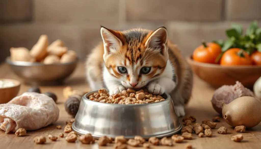 Kitten eating raw food with fresh meats like chicken and turkey surrounding the bowl.