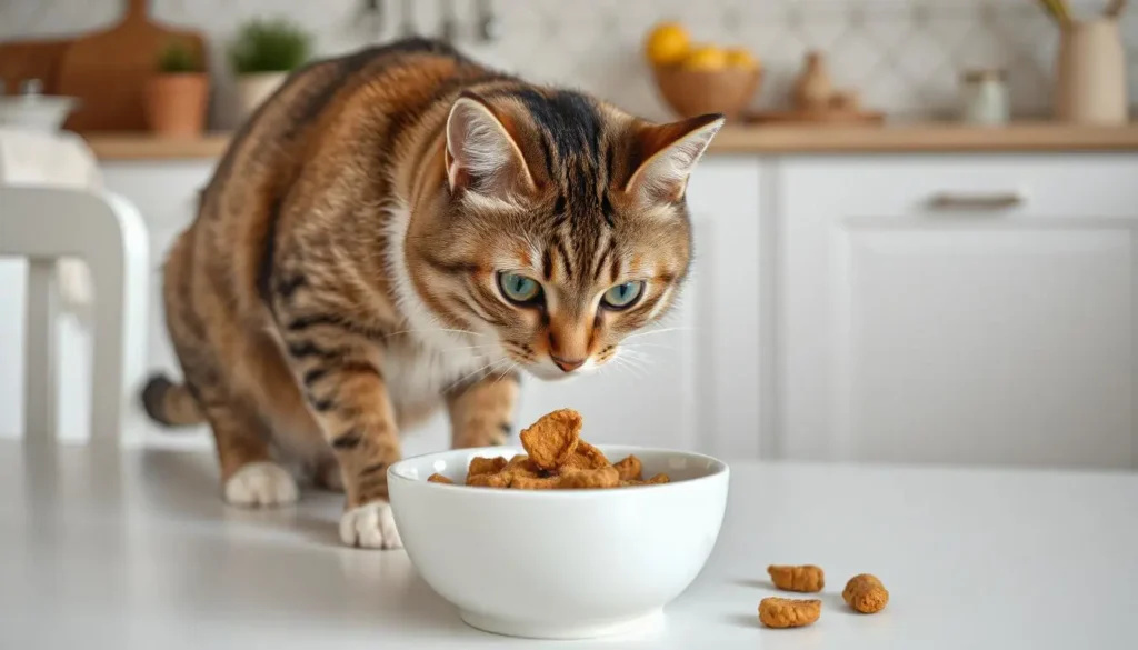 A curious cat sniffing at a bowl with a single piece of dried chicken treat on a white table.