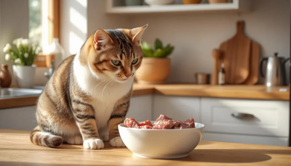 A curious cat sitting beside a bowl of fresh raw meat in a bright kitchen.