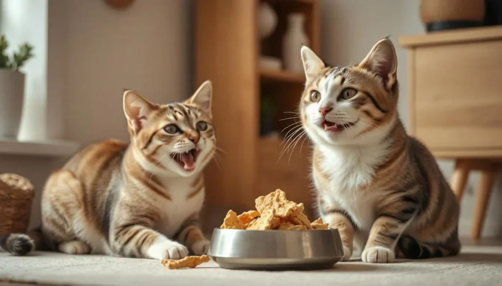 A happy cat enjoying a freeze dried chicken treat, sitting next to a bowl of treats.