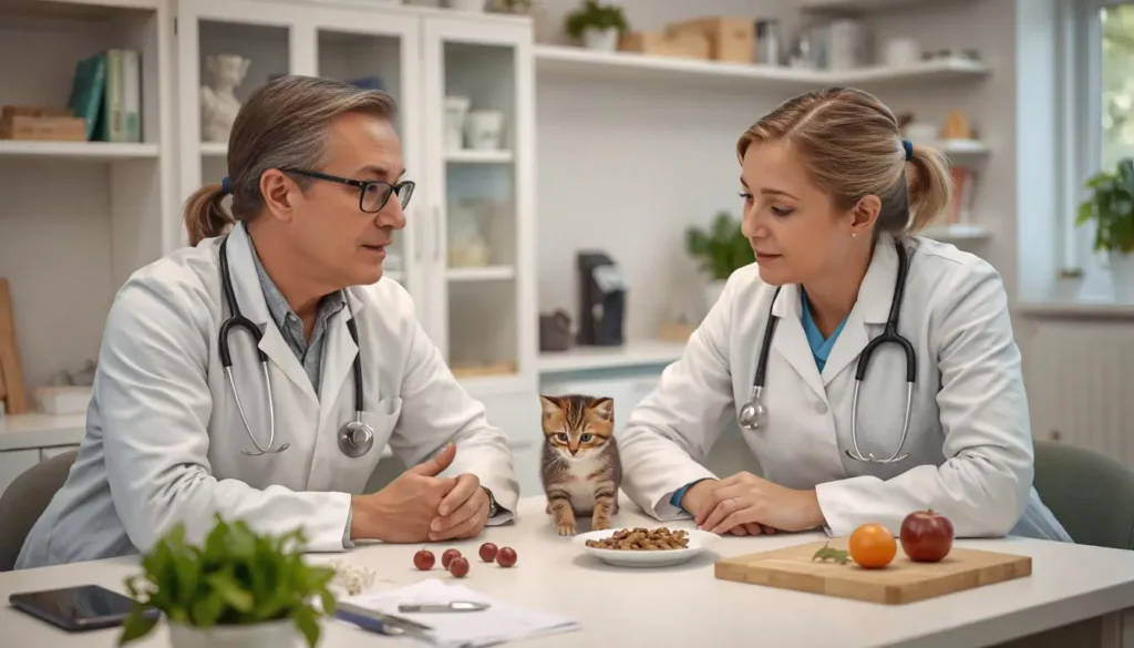 Veterinarian consulting with pet owner about raw kitten food in an office setting.