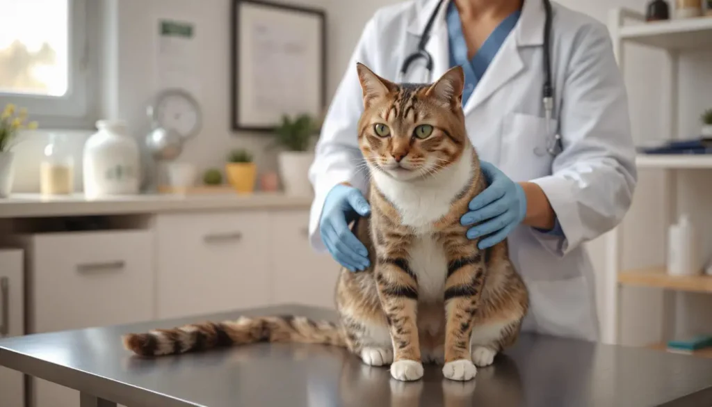 A veterinarian gently examining a cat at an exam table, providing professional care for digestive issues.