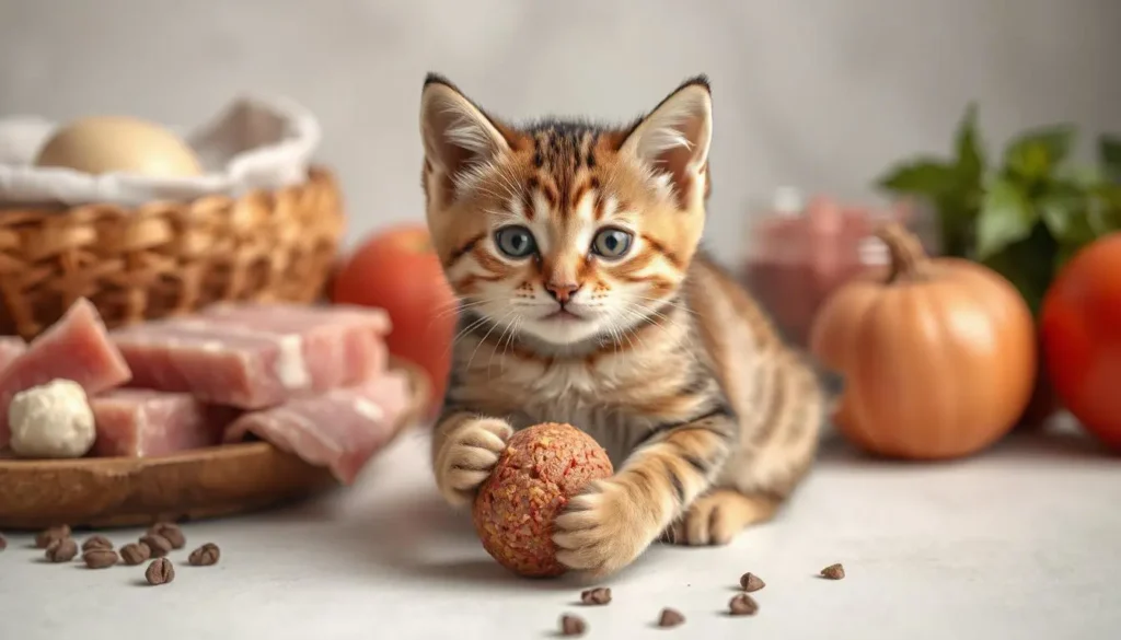 Healthy kitten playing with a toy, surrounded by raw food ingredients."
Healthy kitten playing with a toy, surrounded by raw food ingredients.