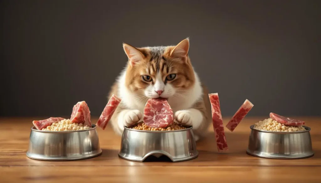 A progression image showing a cat’s bowl transitioning from processed food to raw meat.