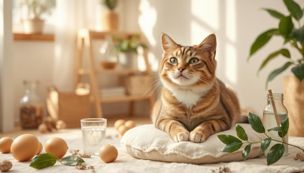 A content cat resting on a soft cushion, surrounded by fresh food, water, and soothing herbs