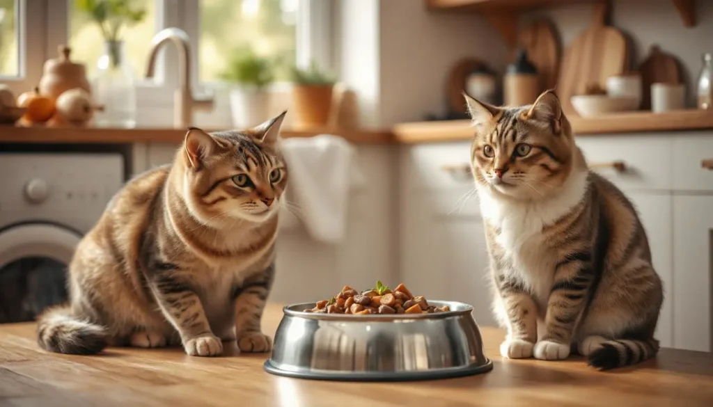 A bowl of homemade cat food with chicken and sweet potatoes, designed for hairball prevention.