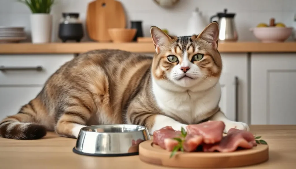 A satisfied cat resting beside an empty bowl with a plate of raw meat in the background.