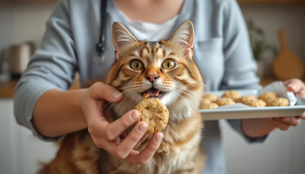 A happy cat enjoying a homemade treat with a smiling owner in the background.