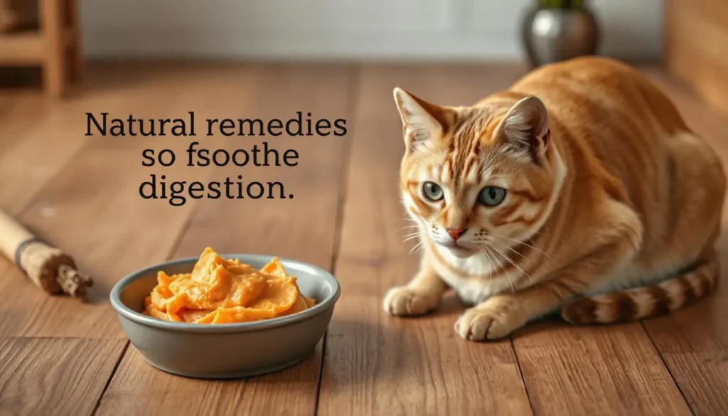 A small dish of mashed sweet potato next to a cat bowl, with text indicating "Natural remedies to soothe digestion."