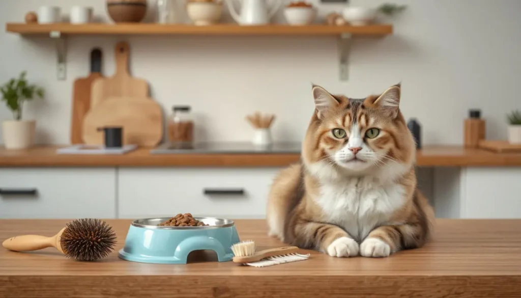 A set of grooming tools and a content cat sitting nearby, symbolizing a holistic approach to hairball prevention.