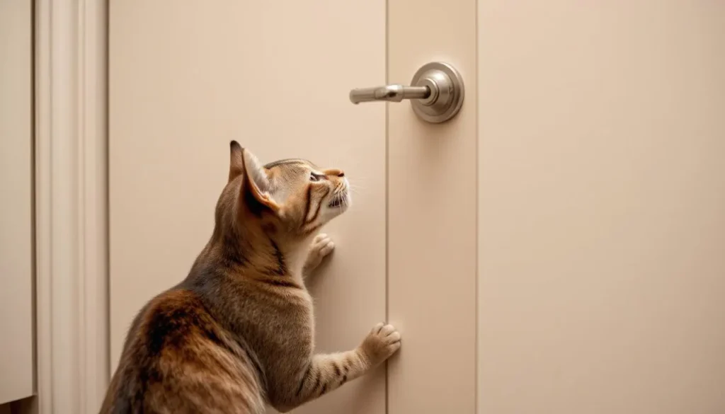 A safety cabinet locked securely with a cat trying to open it, with text highlighting "Secure your foods to keep cats safe."