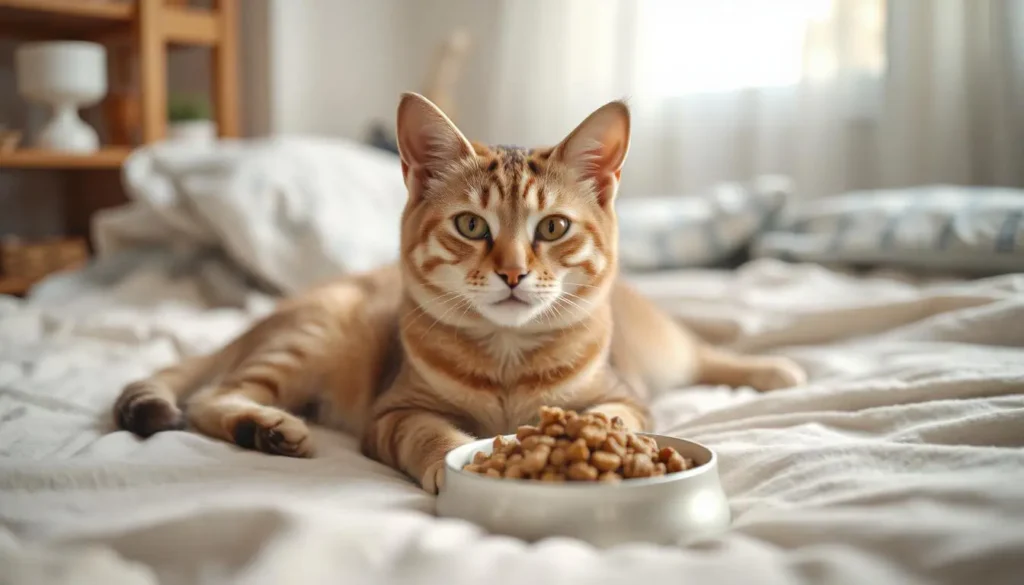 A happy, relaxed cat lying on a cozy bed surrounded by safe, appropriate cat food.